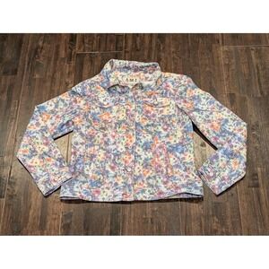 AMX Denim Jacket Womens Medium Floral Trucker Stretch Button Front Jean Retro